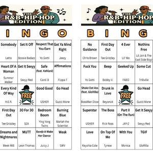 May include: Two R&B + Hip-Hop Edition Bingo cards with song titles and artist names. The top of each card features a graphic of a man and woman singing. The cards are in shades of orange, black, and white, with the word "BINGO" at the top.