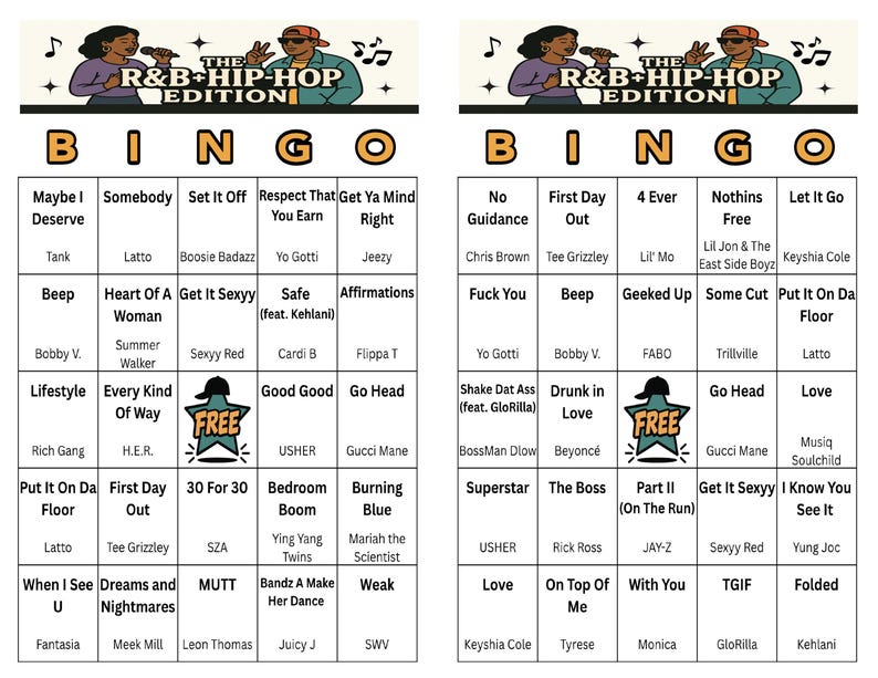 May include: Two R&B + Hip-Hop Edition Bingo cards with song titles and artist names. The top of each card features a graphic of a man and woman singing. The cards are in shades of orange, black, and white, with the word "BINGO" at the top.