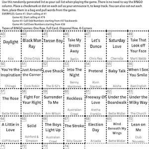 May include: A black and white bingo card titled "80's Vol. 2 BINGO INSTRUCTIONS." The card features a grid of squares with phrases like "Take My Breath Away" and "The Boys Light Up." Instructions are at the top.