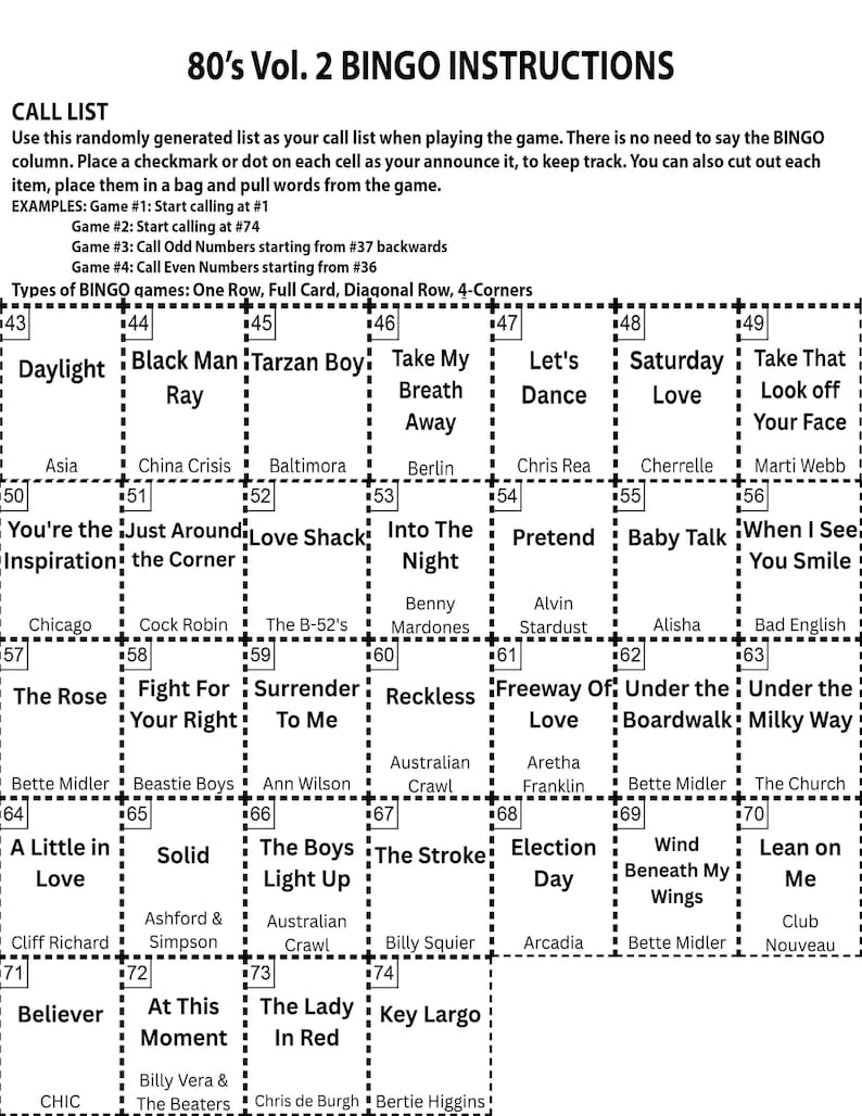 May include: A black and white bingo card titled "80's Vol. 2 BINGO INSTRUCTIONS." The card features a grid of squares with phrases like "Take My Breath Away" and "The Boys Light Up." Instructions are at the top.