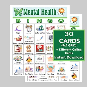 Bingo sur la santé mentale, estime de soi, soins personnels, activité saine pour la santé mentale, téléchargement numérique instantané, bingo bien-être, 30 cartes différentes
