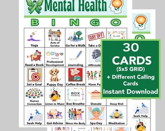 Mental Health Bingo, Self-Esteem, Self-Care, Mental Healthy Activity, Instant Digital Download, Wellness Bingo, 30 Different cards