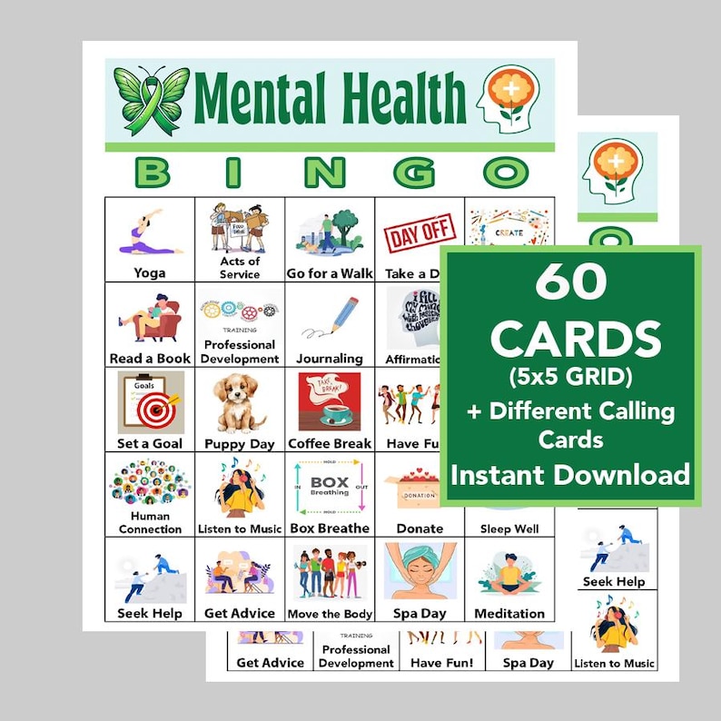 Puede incluir: Una tarjeta de bingo verde y blanca con im&aacute;genes y texto relacionados con la salud mental. La tarjeta tiene una cuadr&iacute;cula de 5x5 con casillas que incluyen actividades como yoga, leer un libro, establecer una meta, escuchar m&uacute;sica y pedir consejo. La tarjeta tambi&eacute;n incluye el texto "Mental Health Bingo" en la parte superior.