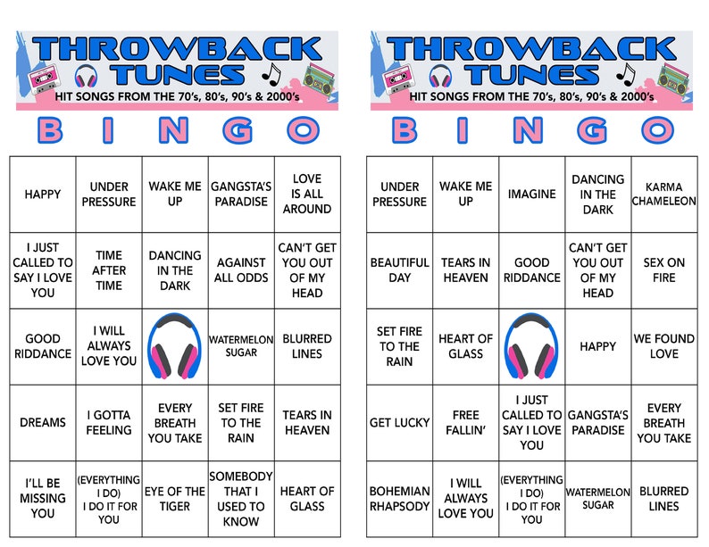 70's, 80's, 90's, 2000's, 2010's Music, Music Birthday, Music Bingo, Instant Digital Download, 100 Different Bingo cards, Spotify Playlist image 2