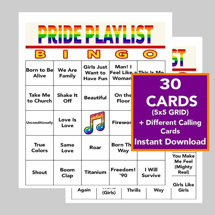 Pride BINGO, Pride Month, Pride Music, Pride playlist bingo, LGBTQ games, Musical Bingo, Digital Download, 30 Unique Cards