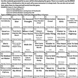 May include: A 90s Country Vol. 1 Bingo card with instructions and a call list. The card features a grid of song titles and artist names, perfect for a country music themed game night.