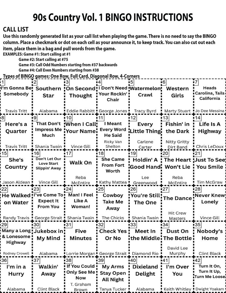 May include: A 90s Country Vol. 1 Bingo card with instructions and a call list. The card features a grid of song titles and artist names, perfect for a country music themed game night.