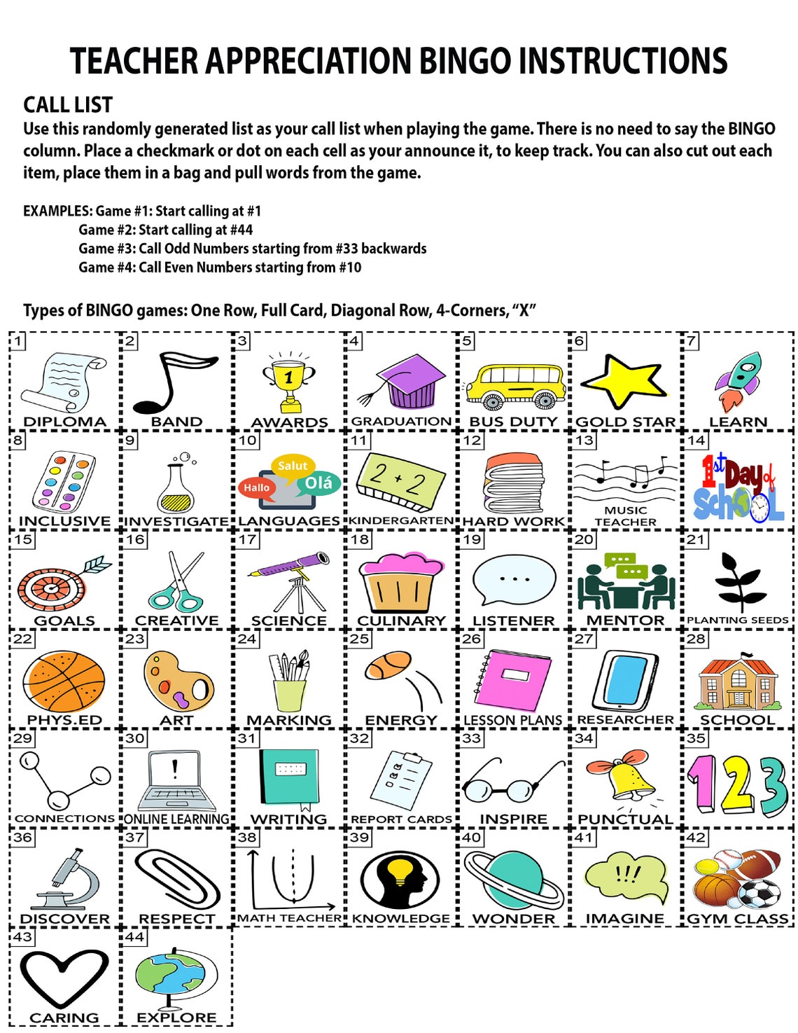 Teacher Appreciation Bingo Game, 60 Unique Cards (instant Download) - Etsy