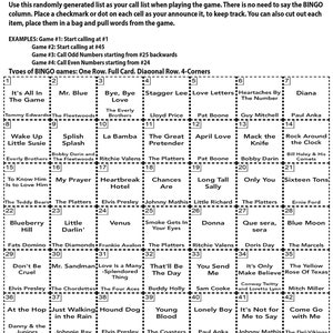 May include: A black and white bingo card with a 1950s rock and roll theme. The card features song titles and artist names, perfect for a themed game night. The text "50's Rockin' Around the Clock Bingo Instructions" is at the top.