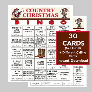 Musique country de Noël, soirée de bingo avec musique country de Noël, téléchargement numérique, jeux à imprimer, 30 cartes de bingo différentes, liste de lecture Spotify