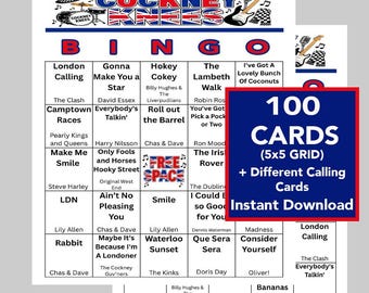 English Theme Songs Bingo Game, Cockney Knees Up Music, (Instant Digital Download), 100 Different Cards, Music Playlist Included