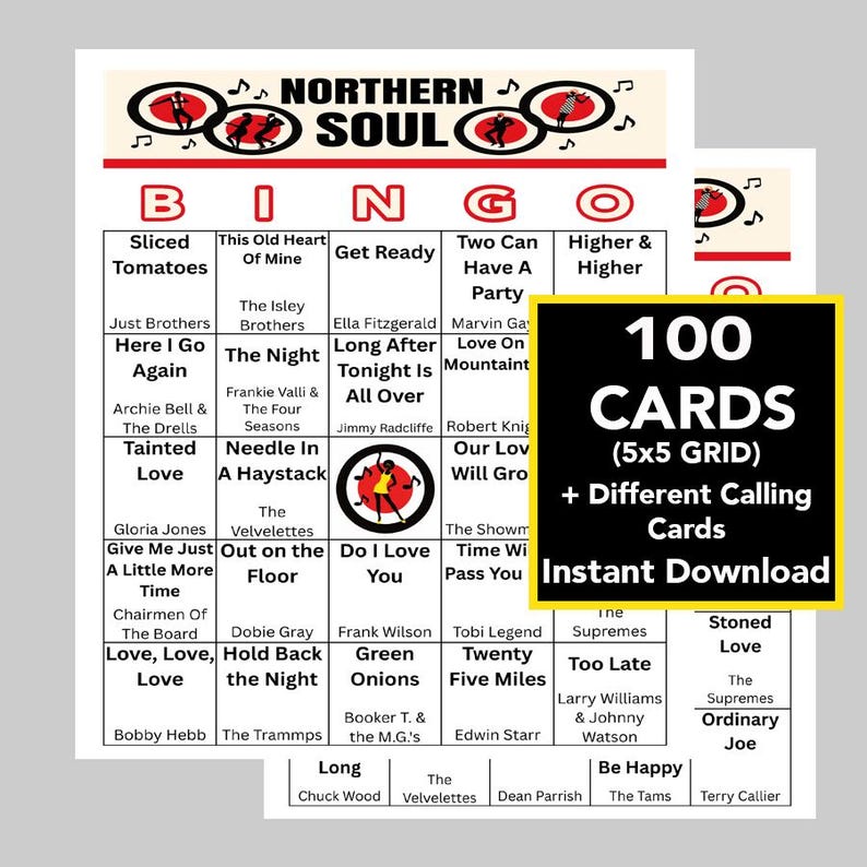 May include: A set of Northern Soul Bingo cards with a 5x5 grid, featuring song titles and artist names. The image includes a black and yellow card that says "100 CARDS" and "Instant Download".