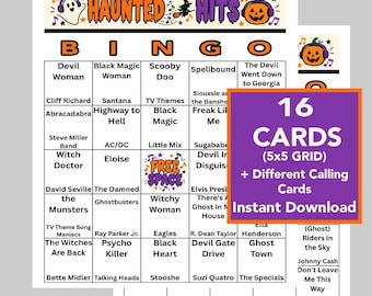 Halloween Hits, Halloween Music, Halloween Bingo cards, Digital Download, Bingo Games, 16 Unique cards, Music Playlist Included