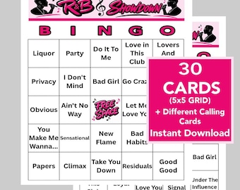 R&B Music Hits, Rhythm and Blues Party, Digital Download, Music Bingo Games, Printable Games, 30 Bingo cards, Music Playlist Included