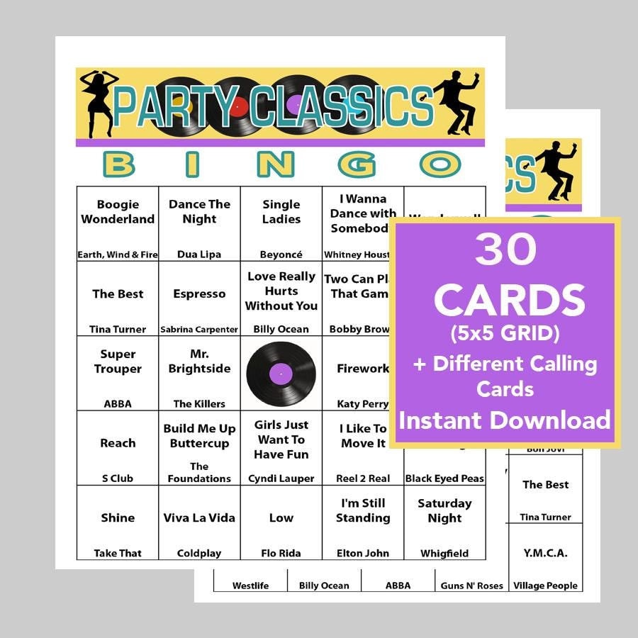 Music Bingo, Party Classic Hits Music, Bingo Games, Instant Digital Download, 30 Different Bingo cards, Spotify Playlist Included