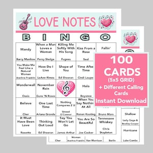 Canciones de amor, Bingo con notas de amor, Fiesta musical, Descarga digital, Bingo, Juegos imprimibles, 100 cartones de bingo, Lista de reproducción de Spotify, Día de San Valentín
