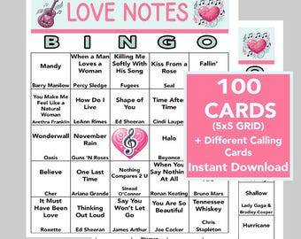 Love Songs, Love Notes Bingo, Music Party, Digital Download, Bingo, Printable Games, 100 Bingo cards, Spotify Playlist, Valentine's Day