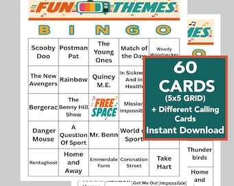 British TV Theme Music Bingo | UK Tv Nostalgia Party Game | 60 Printable Bingo Cards | British TV Themes | Instant Download, Music Playlist