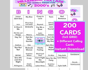 Música de los 2000, Bingo musical de los 2000, Descarga digital instantánea, Lista de reproducción de Spotify incluida, 70 canciones diferentes, 200 tarjetas de bingo únicas