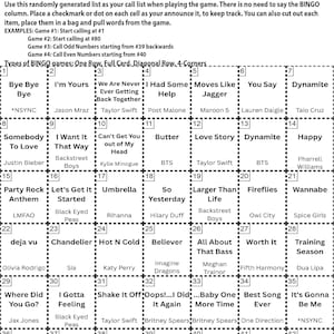 May include: A Radio Throwback Hits Bingo game card with instructions and a call list. The grid features song titles and artists, including hits from *NSYNC, Taylor Swift, and Justin Bieber. The game is designed for fun and nostalgia.