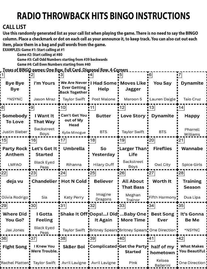 May include: A Radio Throwback Hits Bingo game card with instructions and a call list. The grid features song titles and artists, including hits from *NSYNC, Taylor Swift, and Justin Bieber. The game is designed for fun and nostalgia.
