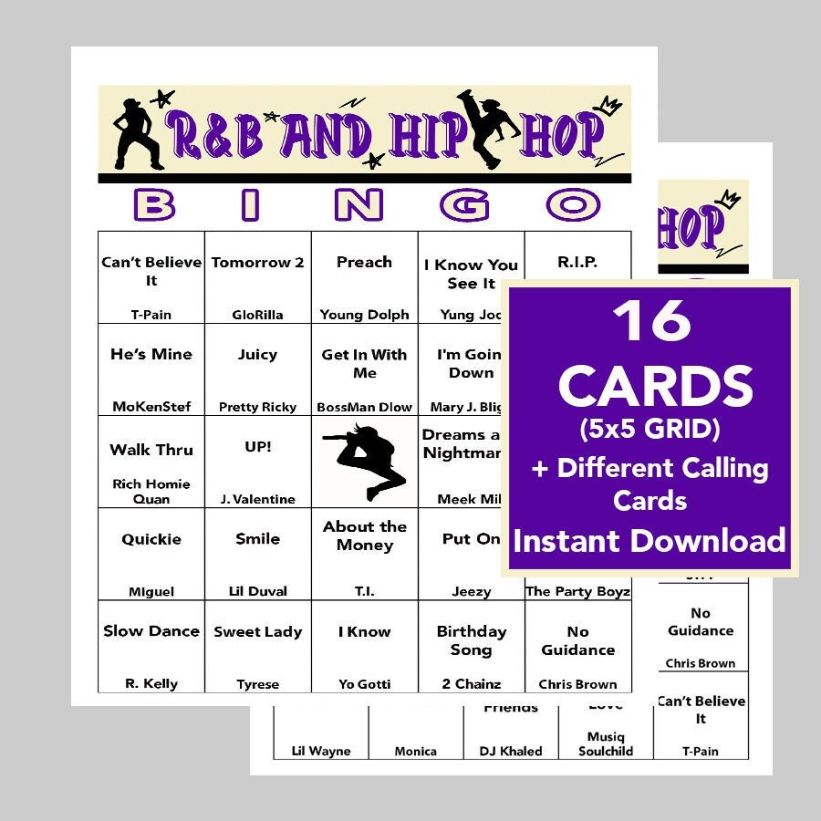 R&B Music Hits, Hip Hop Music, RnB and Hip-Hop Party, Digital Download, Bingo Games, 16 Unique Bingo cards, Spotify Playlist Included
