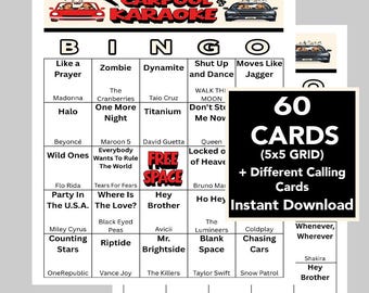 Carpool Karaoke, mix 80's, 90's, 2000's, 2010's, 2020's, Music Bingo, Instant Digital Download, 60 Different Bingo cards, Music Playlist