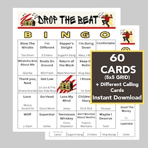 Puede incluir: Un juego de bingo con el tema "Drop the Beat", con 60 cartas en una cuadr&iacute;cula de 5x5, m&aacute;s tarjetas de llamada. Las tarjetas de bingo tienen t&iacute;tulos de canciones y nombres de artistas. Tambi&eacute;n es visible el texto "Descarga instant&aacute;nea".