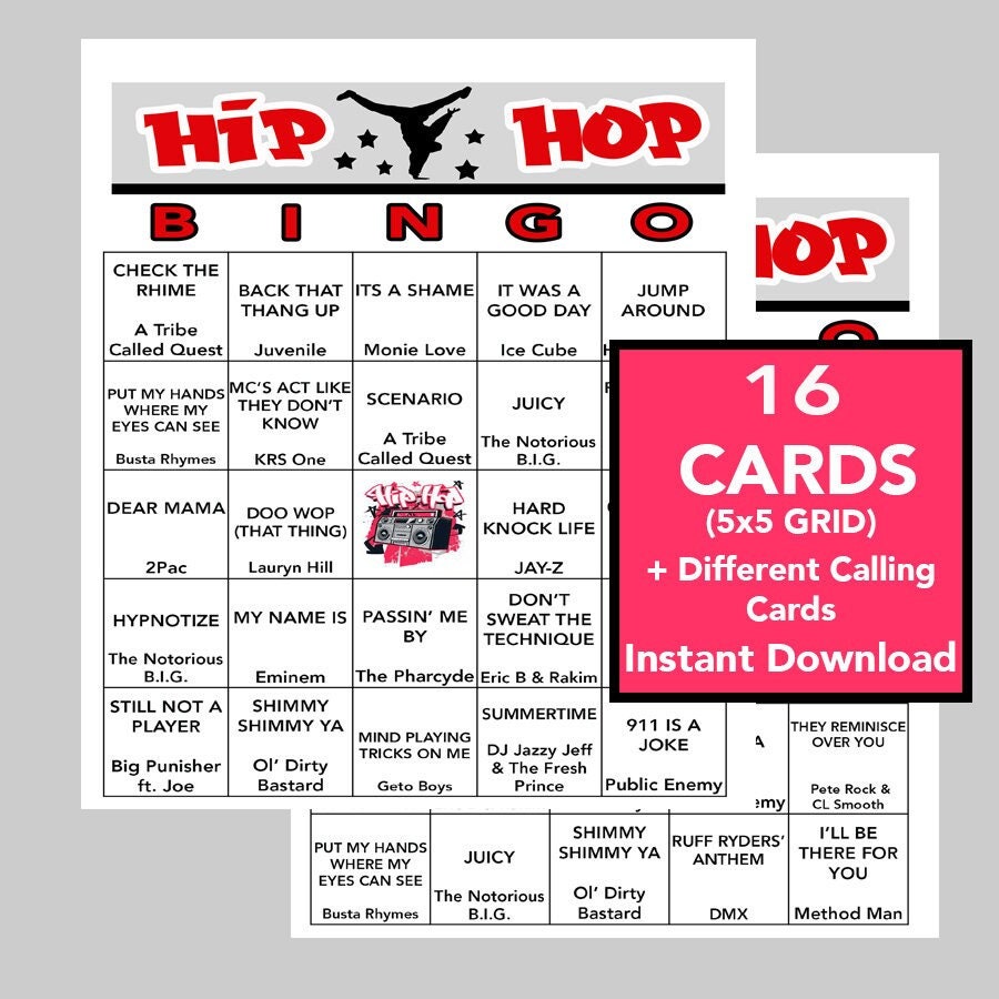 Hip Hop Music, Hip Hop Music Party, Instant Digital Download, Bingo Games, Printable Games,  16 Different Bingo cards, Spotify Playlist