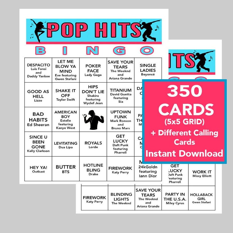 May include: A pink and white printable bingo card with the title "Pop Hits" and a list of popular songs. The card is designed for a game of bingo with 25 squares. The card is part of a set of 350 cards. The text "350 Cards (5x5 Grid) + Different Calling Cards Instant Download" is on a pink rectangle.
