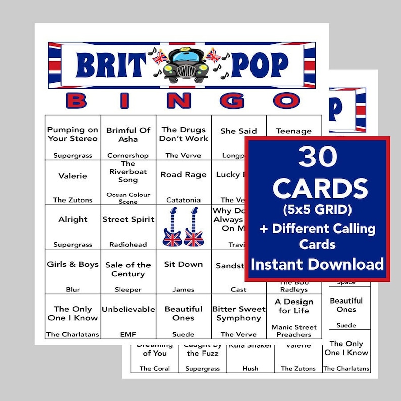 BRIT POP Music Hits, British POP Music Party, Téléchargement numérique, Jeux de bingo, Jeux imprimables, 30 cartes de bingo différentes, Liste de lecture Spotify image 1