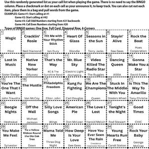 Pu&ograve; includere: Istruzioni per un gioco del bingo a tema anni '70. La griglia presenta titoli di canzoni come "Dancing Queen" e "Grease". Il documento &egrave; stampato su carta bianca.