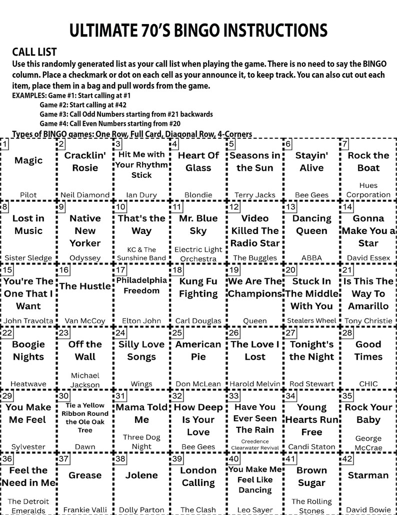 Pu&ograve; includere: Istruzioni per un gioco del bingo a tema anni '70. La griglia presenta titoli di canzoni come "Dancing Queen" e "Grease". Il documento &egrave; stampato su carta bianca.