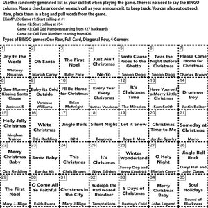 May include: A Christmas Bingo game card with a list of R&B artists and songs. The card is divided into a 6x7 grid with each square containing a different artist or song title. The card is designed to be used for a game of bingo, where players try to get five squares in a row, column, or diagonal.