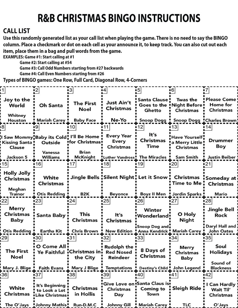 May include: A Christmas Bingo game card with a list of R&B artists and songs. The card is divided into a 6x7 grid with each square containing a different artist or song title. The card is designed to be used for a game of bingo, where players try to get five squares in a row, column, or diagonal.