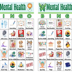 Puede incluir: Dos tarjetas de bingo verdes y blancas con im&aacute;genes y texto relacionados con la salud mental. Las tarjetas tienen las palabras "Mental Health Bingo" en la parte superior. Las tarjetas tienen 25 casillas cada una con im&aacute;genes y texto como "Have Fun!" "Journaling" "Craft Day" "Box Breathe" "Set a Goal" "Puppy Day" "Listen to Music" "Spa Day" "Go for a Walk" "Move the Body" "Professional Development" "Take a Day" "Read a Book" "Affirmations" "Meditation" "Seek Help" "Nature" "Acts of Service" "Sleep Well" y "Donate".