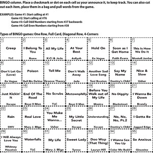 Puede incluir: Una tarjeta de bingo en blanco y negro con una lista de canciones de R&B de los 90. La tarjeta est&aacute; dividida en una cuadr&iacute;cula de 7x7 con cada cuadrado que contiene un t&iacute;tulo de canci&oacute;n. La tarjeta est&aacute; titulada "Instrucciones de Bingo de R&B de los 90".