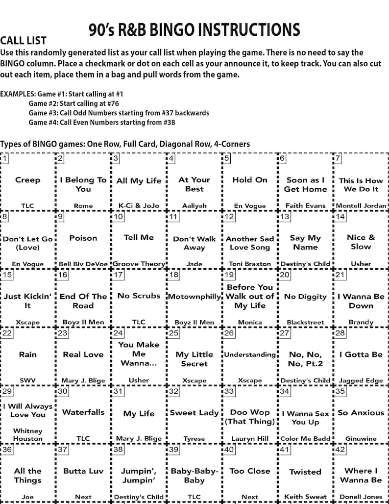Puede incluir: Una tarjeta de bingo en blanco y negro con una lista de canciones de R&B de los 90. La tarjeta est&aacute; dividida en una cuadr&iacute;cula de 7x7 con cada cuadrado que contiene un t&iacute;tulo de canci&oacute;n. La tarjeta est&aacute; titulada "Instrucciones de Bingo de R&B de los 90".