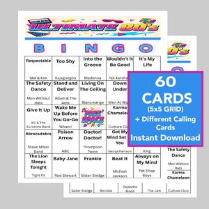 May include: A bingo game card set with an 80s theme. The main card features a grid with song titles and the word "BINGO" across the top. A blue square indicates "60 CARDS (5x5 GRID) + Different Calling Cards Instant Download".