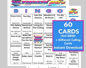 80's Music Hits Bingo Game, 60 Printable Cards (Digital Download), Music Playlist Included