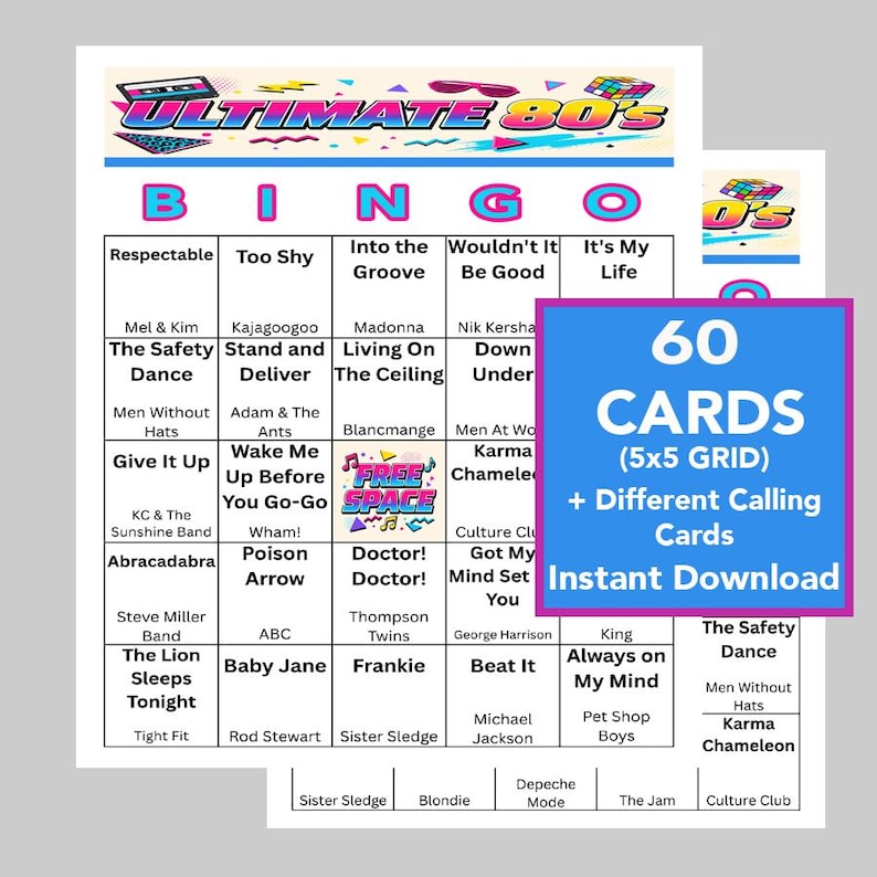 May include: A bingo game card set with an 80s theme. The main card features a grid with song titles and the word "BINGO" across the top. A blue square indicates "60 CARDS (5x5 GRID) + Different Calling Cards Instant Download".