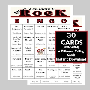 Rock classico, Bingo di musica rock, Festa di musica rock, Download digitale istantaneo, 30 cartelle bingo diverse, 55 canzoni, playlist Spotify inclusa