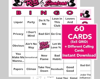 R&B Music Hits, Rhythm and Blues Party, Digital Download, Music Bingo Games, Printable Games, 60 Bingo cards, Music Playlist Included