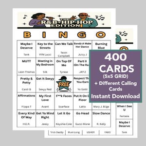 K&ouml;nnte beinhalten: Ein Bingo-Spielset mit lila Hintergrund, mit einem 5x5-Raster und 400 Karten. Das Spiel hat das Thema R&B und Hip-Hop, mit Songtiteln und K&uuml;nstlernamen auf den Karten. Enth&auml;lt Anrufkarten.
