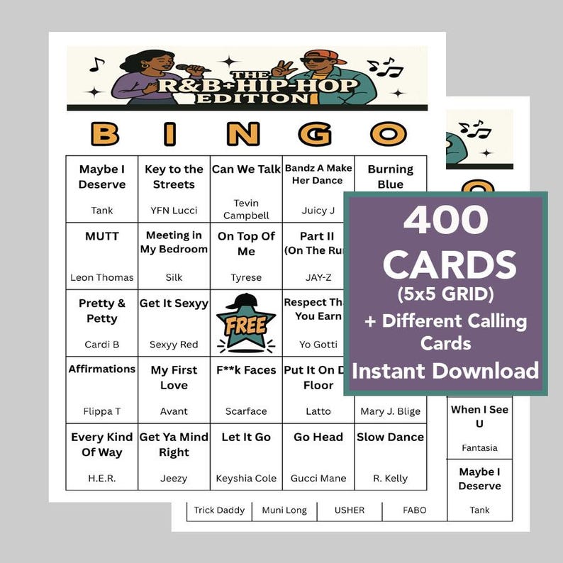 K&ouml;nnte beinhalten: Ein Bingo-Spielset mit lila Hintergrund, mit einem 5x5-Raster und 400 Karten. Das Spiel hat das Thema R&B und Hip-Hop, mit Songtiteln und K&uuml;nstlernamen auf den Karten. Enth&auml;lt Anrufkarten.