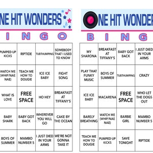 Puede incluir: Dos cartones de bingo con el texto "ONE HIT WONDERS" en la parte superior. Cada cart&oacute;n tiene una cuadr&iacute;cula de casillas con t&iacute;tulos de canciones como "Baby Shark" y "Tubthumping". La palabra "BINGO" est&aacute; en letras rosas.