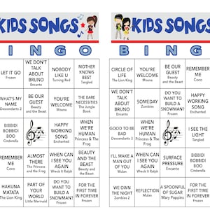 May include: A colorful bingo card with a blue and red banner that says "Kids Songs" and features a musical note. The bingo card has squares with song titles from popular Disney movies, including "Let It Go", "We Don't Talk About Bruno", "Hakuna Matata", "You're Welcome", and "Circle of Life".