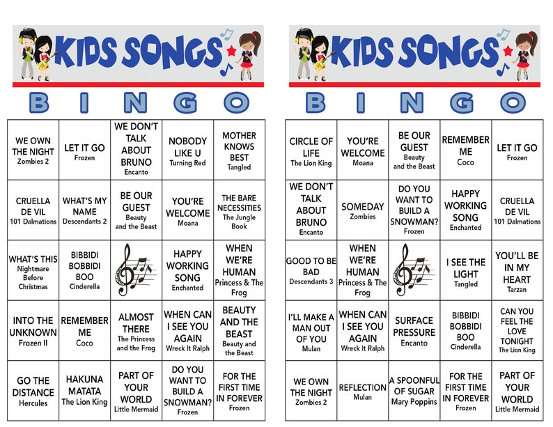 May include: A colorful bingo card with a blue and red banner that says "Kids Songs" and features a musical note. The bingo card has squares with song titles from popular Disney movies, including "Let It Go", "We Don't Talk About Bruno", "Hakuna Matata", "You're Welcome", and "Circle of Life".