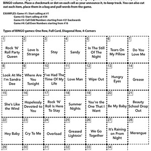 May include: A Grease and Dirty Dancing themed bingo card with 34 squares. Each square contains a song title from the movie Grease or Dirty Dancing. The squares are numbered 1 through 34.