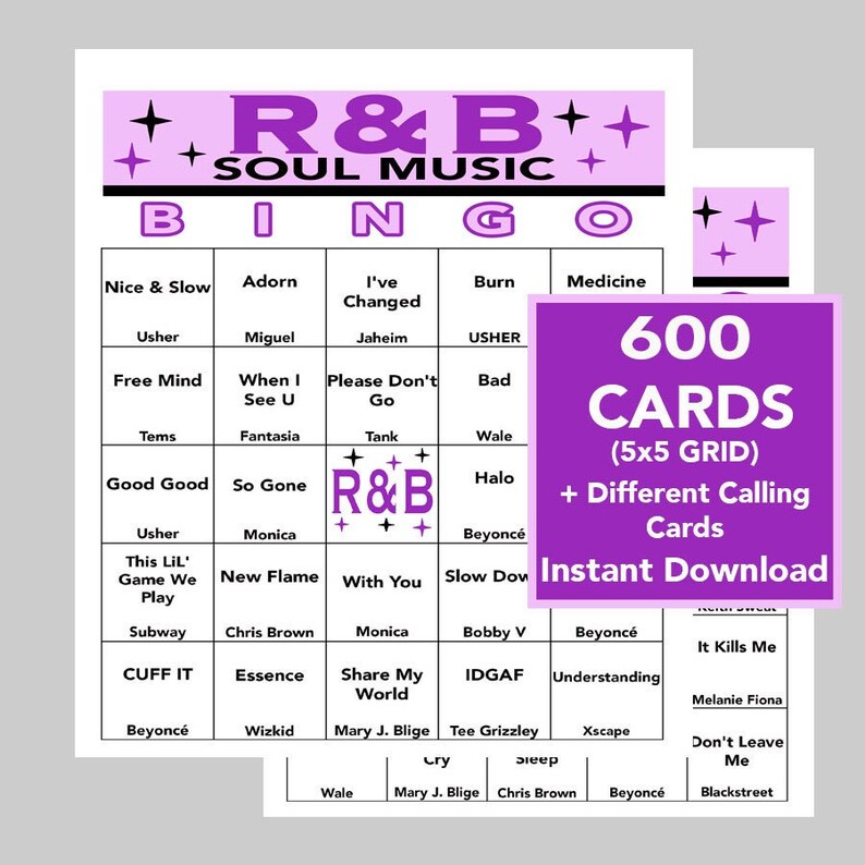 May include: A purple and white bingo card with the title "R&B Soul Music Bingo". The card has 25 squares with song titles and artist names. The card is part of a set of 600 cards, which are available for instant download.